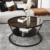Modern Minimalist Round Tempered-Glass Coffee Table with Iron Frame, 2-Tier for Living Room