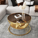 Modern Minimalist Round Tempered-Glass Coffee Table with Iron Frame, 2-Tier for Living Room