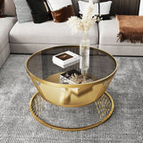 Modern Minimalist Round Tempered-Glass Coffee Table with Iron Frame, 2-Tier for Living Room