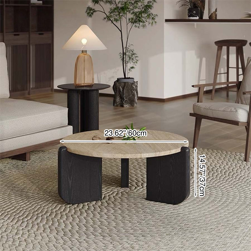 Modern Minimalist Round Coffee Table with Sintered Stone Top and Solid Wood Base for Living Room