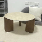 Modern Minimalist Round Coffee Table with Sintered Stone Top and Solid Wood Base for Living Room