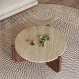 Modern Minimalist Round Coffee Table with Sintered Stone Top and Solid Wood Base for Living Room