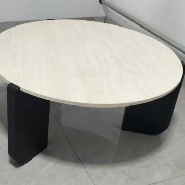 Modern Minimalist Round Coffee Table with Sintered Stone Top and Solid Wood Base for Living Room