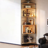 Contemporary Retro Fan-Shaped Corner Shelf Unit with Stainless Steel Frame and 4-5-Tier Particle Board Shelves for Living Room