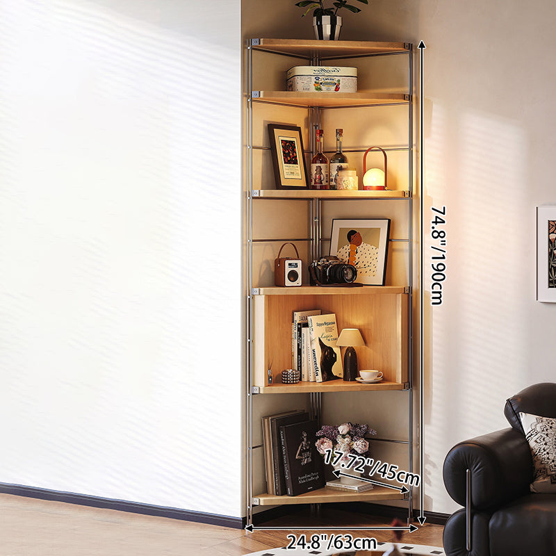 Contemporary Retro Fan-Shaped Corner Shelf Unit with Stainless Steel Frame and 4-5-Tier Particle Board Shelves for Living Room