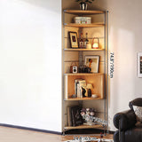 Contemporary Retro Fan-Shaped Corner Shelf Unit with Stainless Steel Frame and 4-5-Tier Particle Board Shelves for Living Room