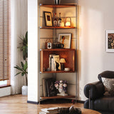 Contemporary Retro Fan-Shaped Corner Shelf Unit with Stainless Steel Frame and 4-5-Tier Particle Board Shelves for Living Room
