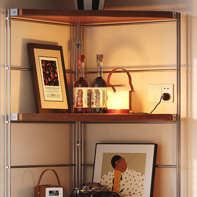 Contemporary Retro Fan-Shaped Corner Shelf Unit with Stainless Steel Frame and 4-5-Tier Particle Board Shelves for Living Room