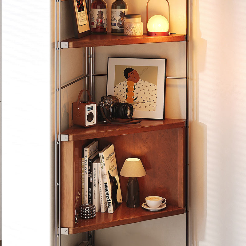 Contemporary Retro Fan-Shaped Corner Shelf Unit with Stainless Steel Frame and 4-5-Tier Particle Board Shelves for Living Room