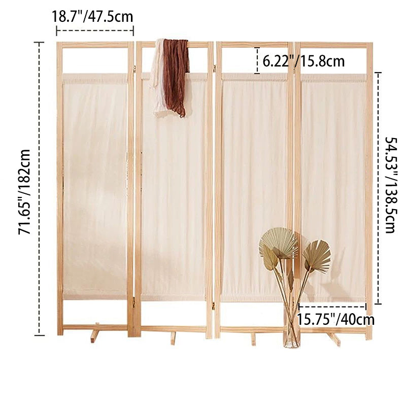 Sleek Modern Minimalist Rectangular Pine Wood Room Divider with Linen Panels for Living Room