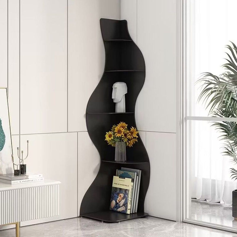 Modern Art Deco 5-Tier Rectangular Corner Shelf Unit with Wavy Design — Solid Wood Particle Board for Living Room