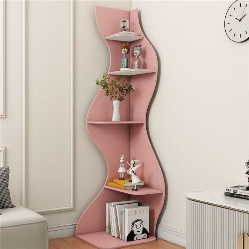 Modern Art Deco 5-Tier Rectangular Corner Shelf Unit with Wavy Design — Solid Wood Particle Board for Living Room