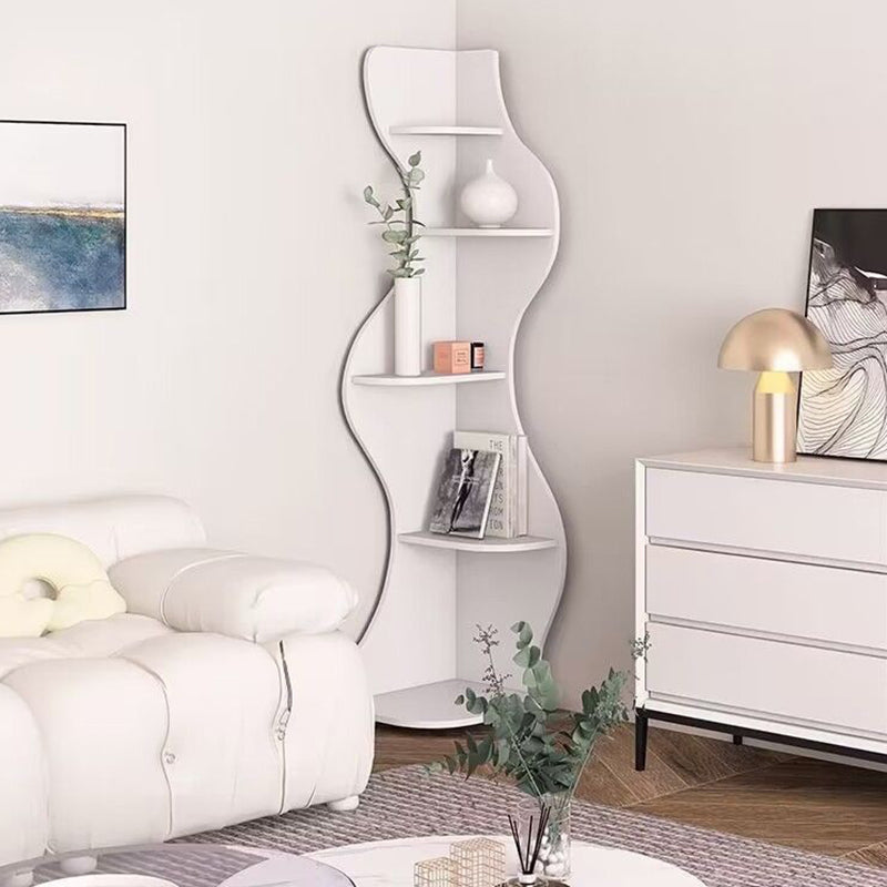 Modern Art Deco 5-Tier Rectangular Corner Shelf Unit with Wavy Design — Solid Wood Particle Board for Living Room
