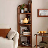 Contemporary Retro Fan-Shaped Corner Shelf Unit, 4-Tier – Boxwood Pine Wood with Glass & Stainless Steel for Living Room