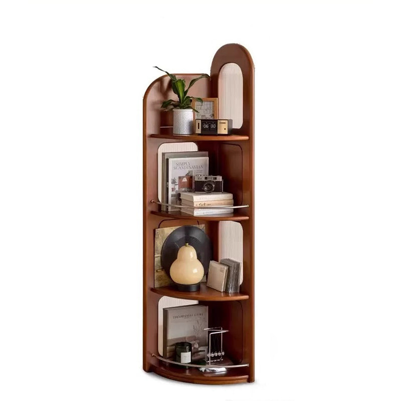 Contemporary Retro Fan-Shaped Corner Shelf Unit, 4-Tier – Boxwood Pine Wood with Glass & Stainless Steel for Living Room