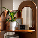 Contemporary Retro Fan-Shaped Corner Shelf Unit, 4-Tier – Boxwood Pine Wood with Glass & Stainless Steel for Living Room