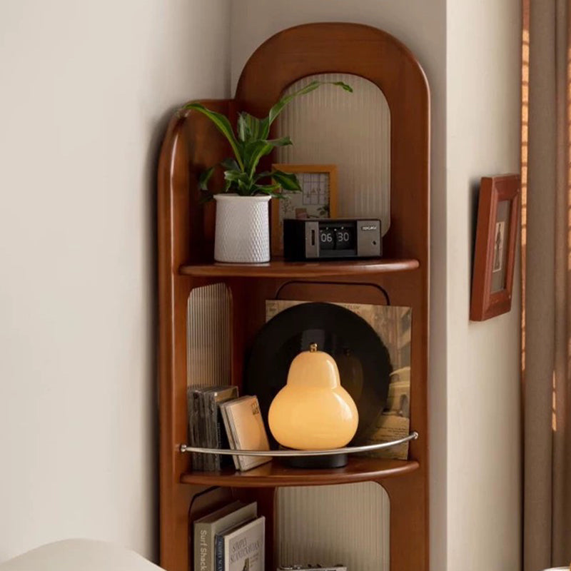 Contemporary Retro Fan-Shaped Corner Shelf Unit, 4-Tier – Boxwood Pine Wood with Glass & Stainless Steel for Living Room