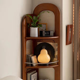 Contemporary Retro Fan-Shaped Corner Shelf Unit, 4-Tier – Boxwood Pine Wood with Glass & Stainless Steel for Living Room