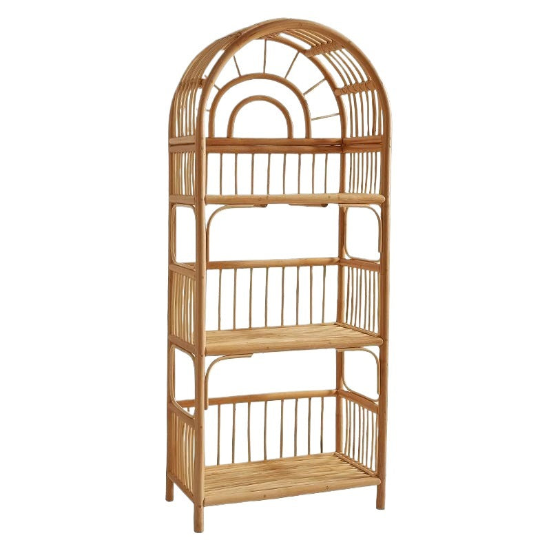 Coastal Contemporary 3-Tier Rattan Display Rack with Arched Rectangular Frame - Indonesian-Made for Living Room