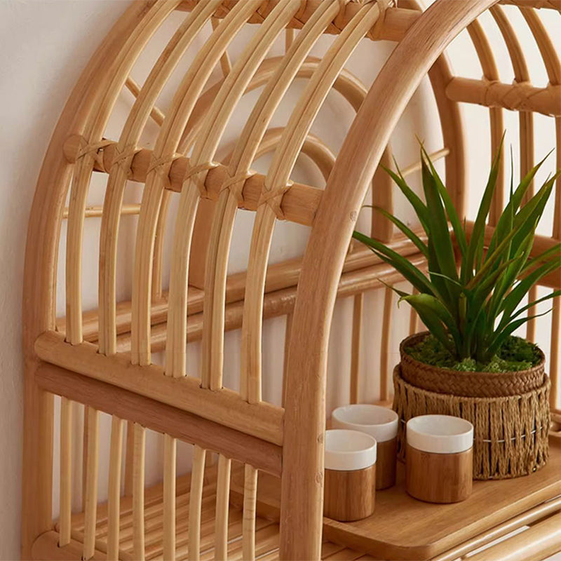 Coastal Contemporary 3-Tier Rattan Display Rack with Arched Rectangular Frame - Indonesian-Made for Living Room