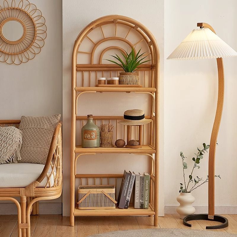 Coastal Contemporary 3-Tier Rattan Display Rack with Arched Rectangular Frame - Indonesian-Made for Living Room