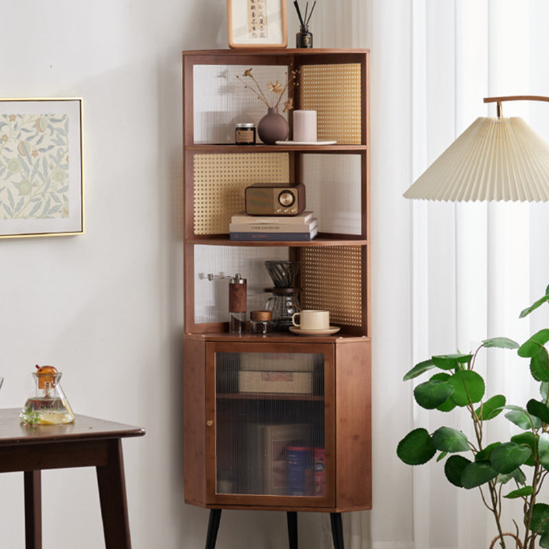 Modern Mid-Century 6-Tier Corner Shelf Unit – Square Nan Bamboo Solid Wood with Acrylic Faux Rattan Weaving for Living Room