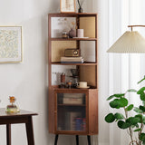 Modern Mid-Century 6-Tier Corner Shelf Unit – Square Nan Bamboo Solid Wood with Acrylic Faux Rattan Weaving for Living Room