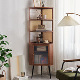 Modern Mid-Century 6-Tier Corner Shelf Unit – Square Nan Bamboo Solid Wood with Acrylic Faux Rattan Weaving for Living Room