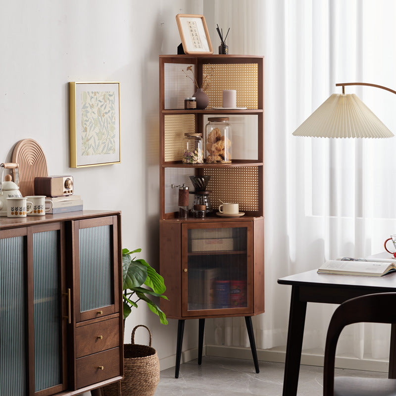 Modern Mid-Century 6-Tier Corner Shelf Unit – Square Nan Bamboo Solid Wood with Acrylic Faux Rattan Weaving for Living Room