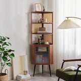 Modern Mid-Century 6-Tier Corner Shelf Unit – Square Nan Bamboo Solid Wood with Acrylic Faux Rattan Weaving for Living Room