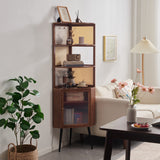 Modern Mid-Century 6-Tier Corner Shelf Unit – Square Nan Bamboo Solid Wood with Acrylic Faux Rattan Weaving for Living Room