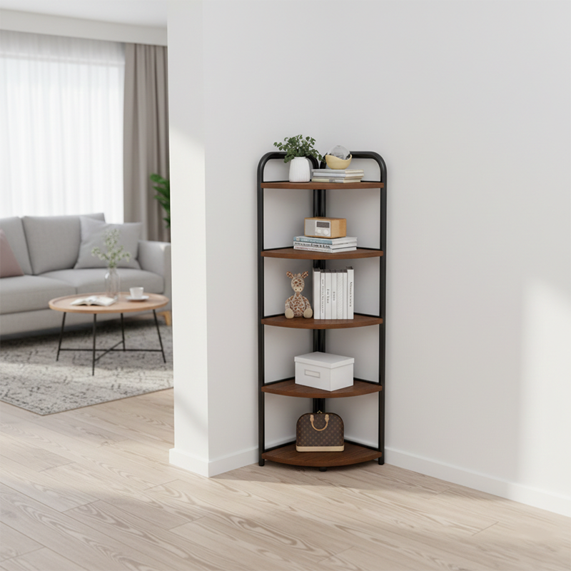 Modern Minimalist Fan-Shaped 5-Tier Corner Shelf Unit in MDF & Steel for Living Room
