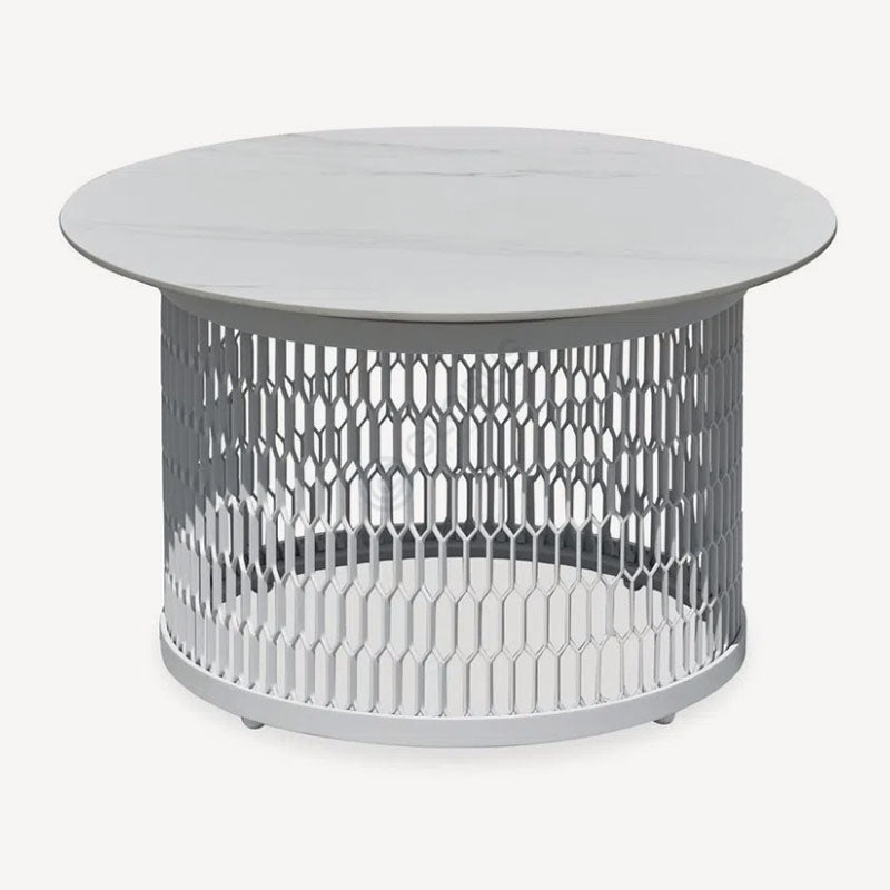 Waterproof Industrial Honeycomb Hollow Outdoor Coffee Table with 1-Tier Stoneware Top – Durable Patio & Garden Table