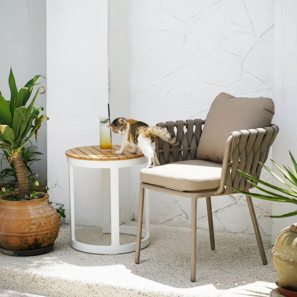 Weather-Resistant Rustic Teak Wood Outdoor End Table with 1-Tier Sturdy Steel Frame for Patio & Garden
