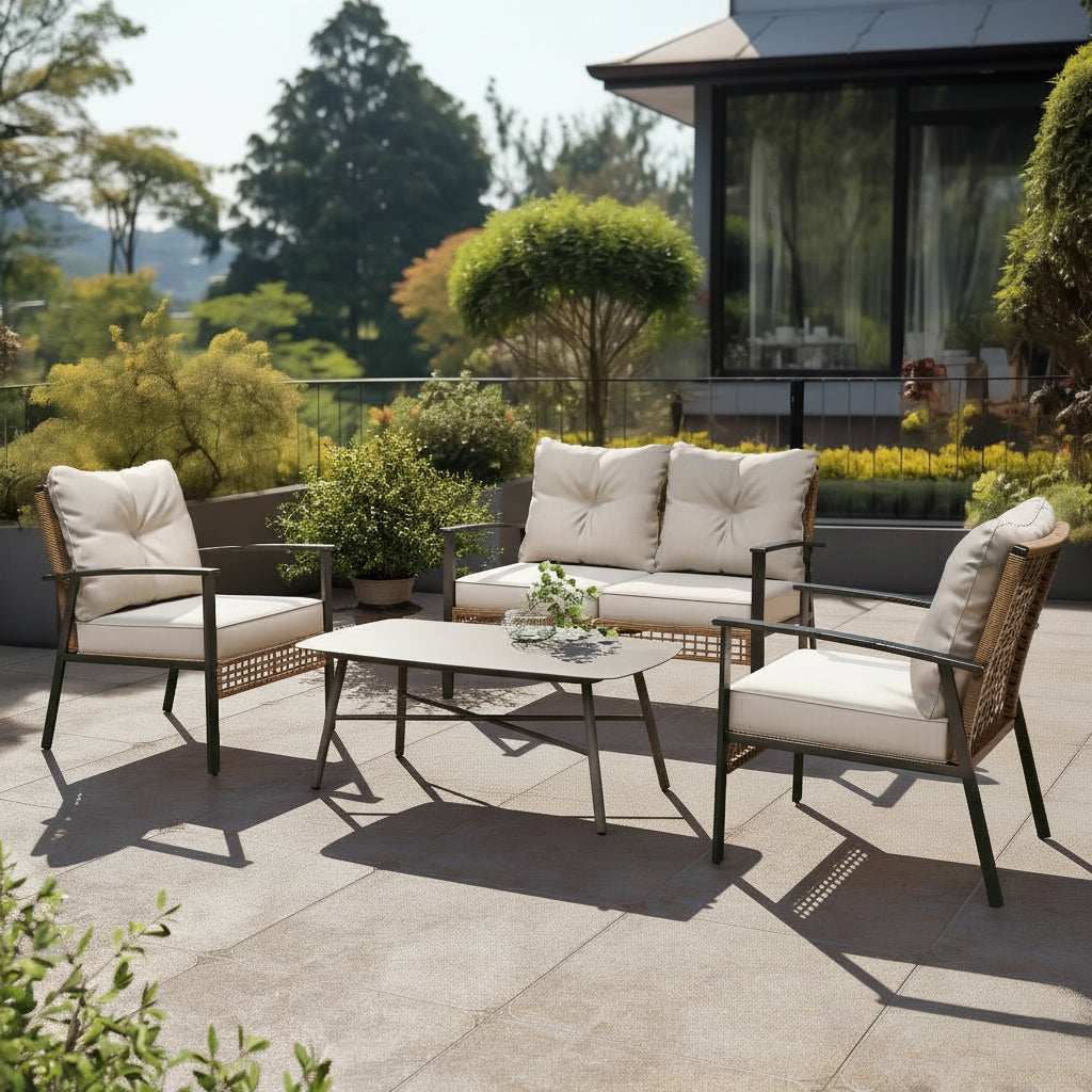 Industrial Rectangular Outdoor Coffee Table with Rounded Edges – Sturdy 4-Leg Aluminum Frame for Patio & Garden