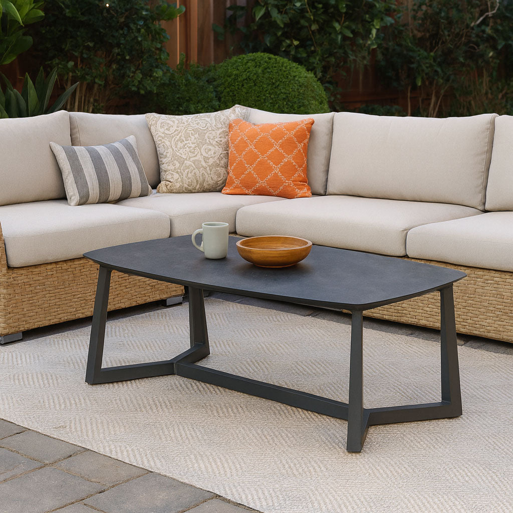 Premium Rust-Resistant Rectangular Outdoor Coffee Table with a 1-Tier Spacious Stoneware Top for Balcony & Garden