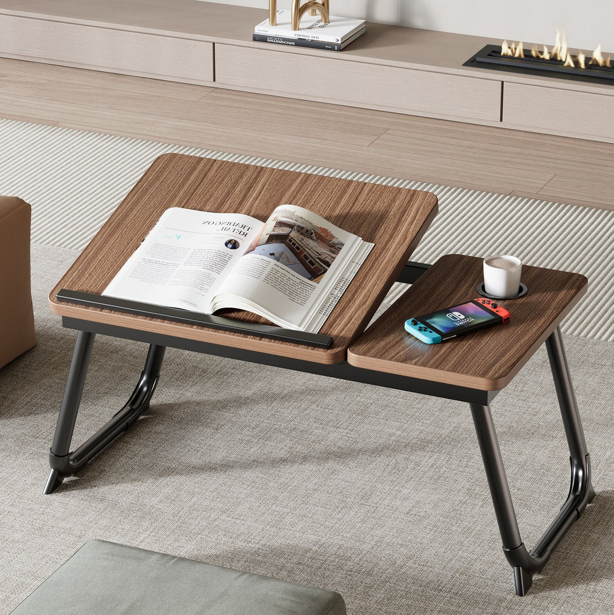 Nordic Contemporary Desk – Carbon Steel & MDF, Rectangular, Foldable, Angle-Adjustable, 2-Tray Saucer, Ideal for Study