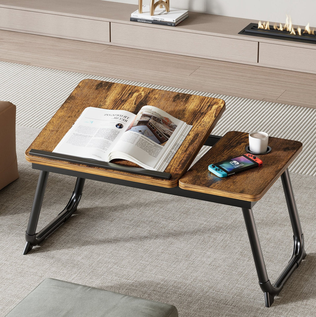 Nordic Contemporary Desk – Carbon Steel & MDF, Rectangular, Foldable, Angle-Adjustable, 2-Tray Saucer, Ideal for Study