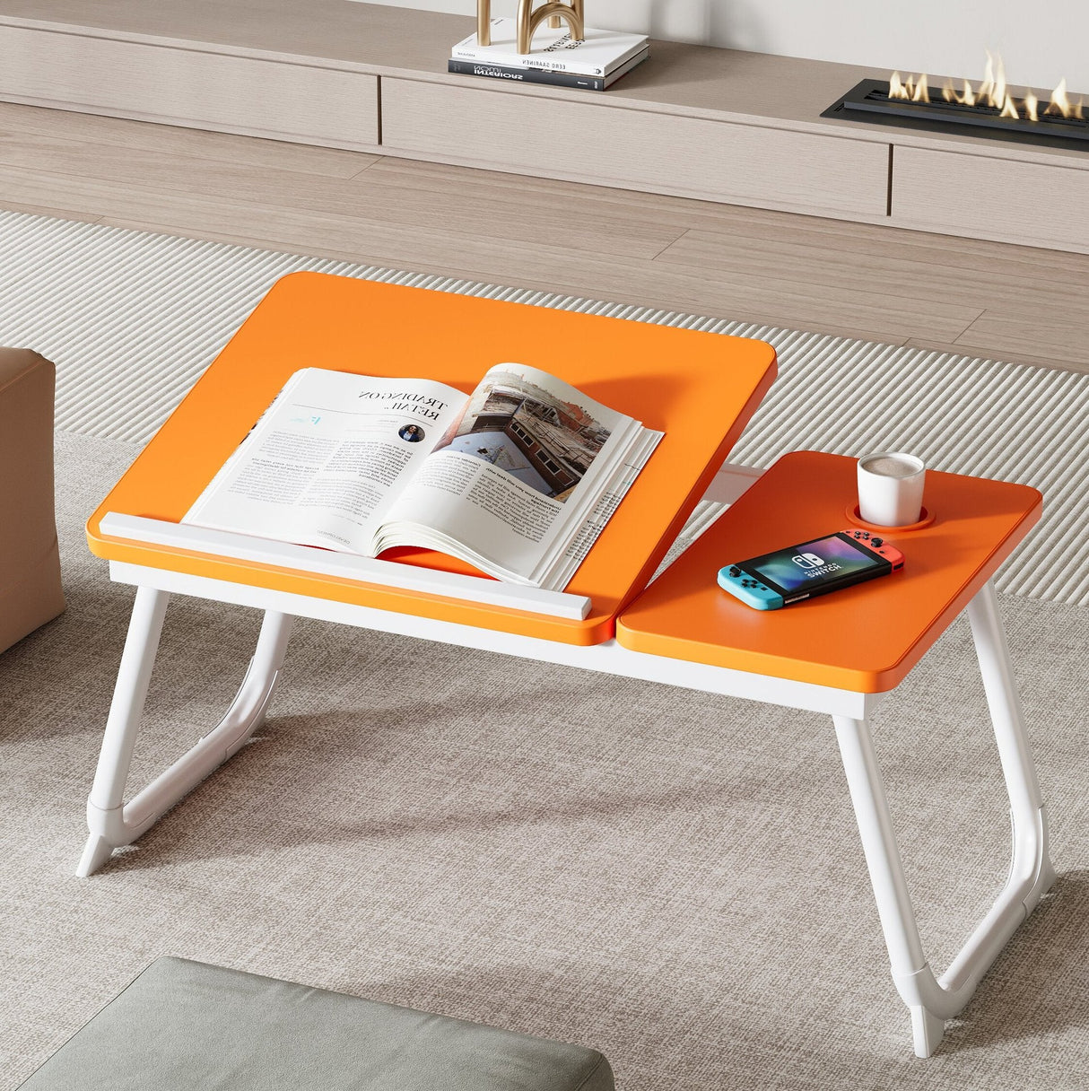Nordic Contemporary Desk – Carbon Steel & MDF, Rectangular, Foldable, Angle-Adjustable, 2-Tray Saucer, Ideal for Study