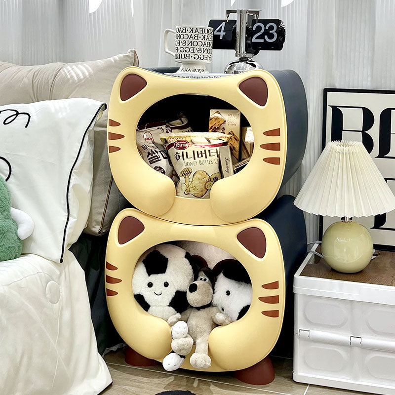 Contemporary PP Kids Nightstand with Cartoon Cat Design, Single Storage, Stackable, Bedside Table
