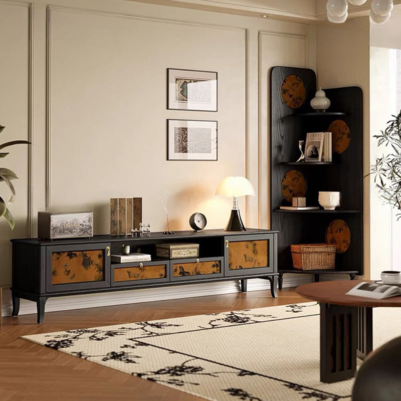 Traditional French-Style Solid Wood TV Stand in Muslin Finish, Rectangular with Two Cabinets and Drawers for Living Room