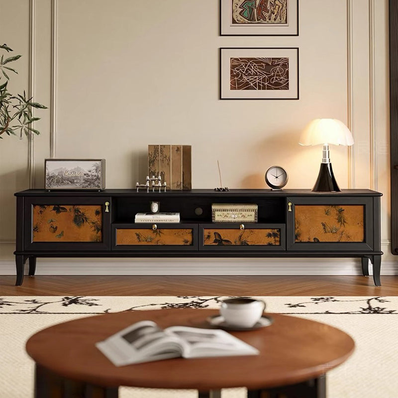 Traditional French-Style Solid Wood TV Stand in Muslin Finish, Rectangular with Two Cabinets and Drawers for Living Room