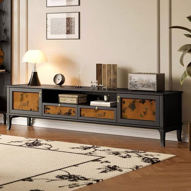 Traditional French-Style Solid Wood TV Stand in Muslin Finish, Rectangular with Two Cabinets and Drawers for Living Room
