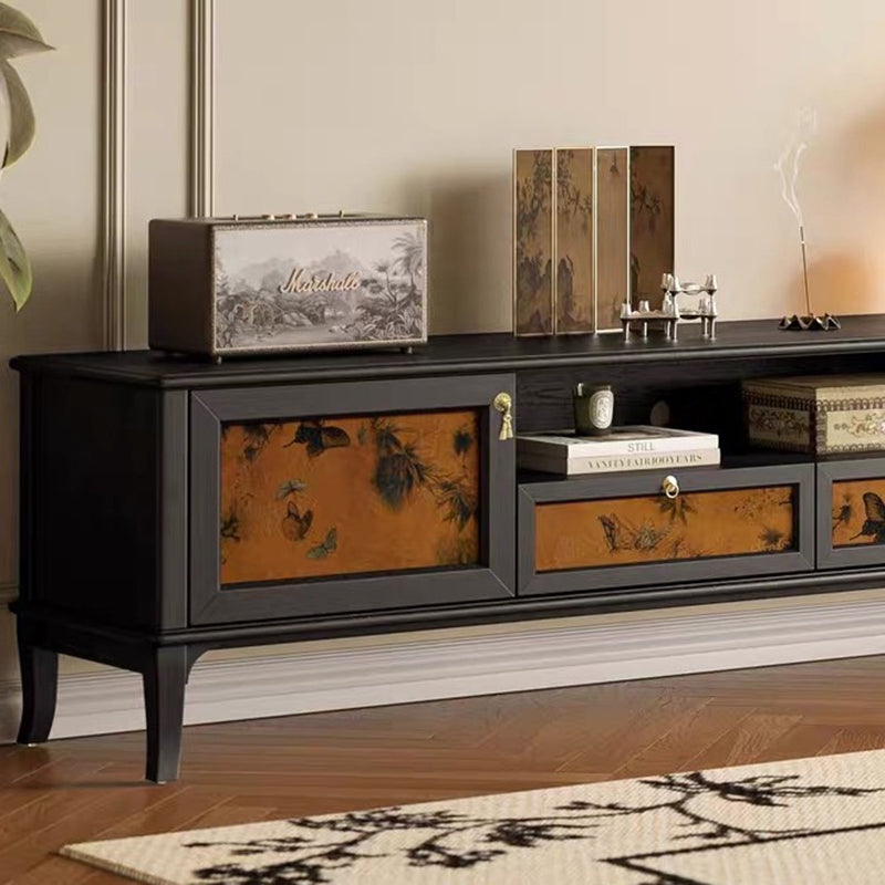 Traditional French-Style Solid Wood TV Stand in Muslin Finish, Rectangular with Two Cabinets and Drawers for Living Room
