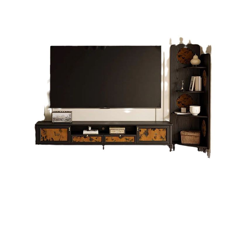 Traditional French-Style Solid Wood TV Stand in Muslin Finish, Rectangular with Two Cabinets and Drawers for Living Room