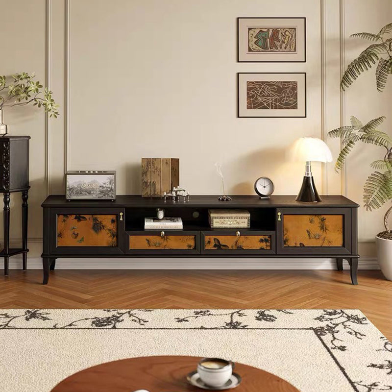 Traditional French-Style Solid Wood TV Stand in Muslin Finish, Rectangular with Two Cabinets and Drawers for Living Room