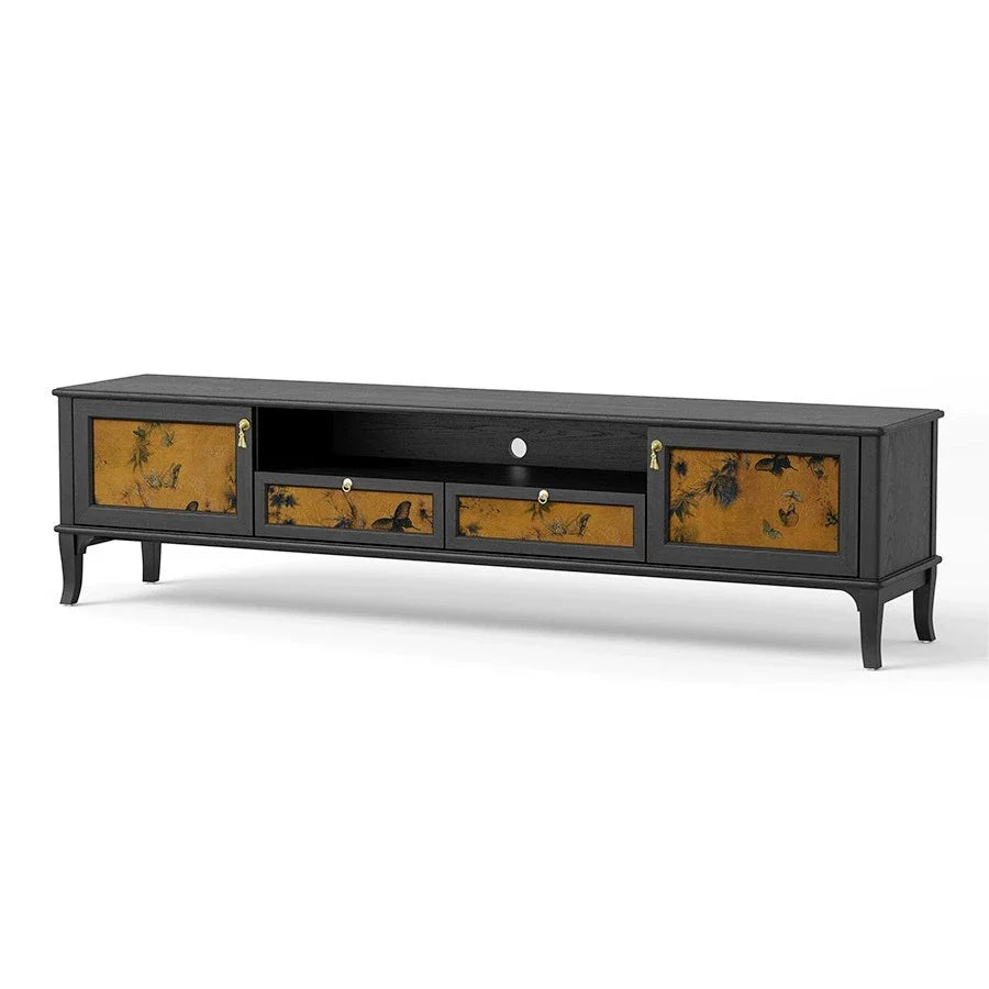 Traditional French-Style Solid Wood TV Stand in Muslin Finish, Rectangular with Two Cabinets and Drawers for Living Room