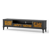 Traditional French-Style Solid Wood TV Stand in Muslin Finish, Rectangular with Two Cabinets and Drawers for Living Room
