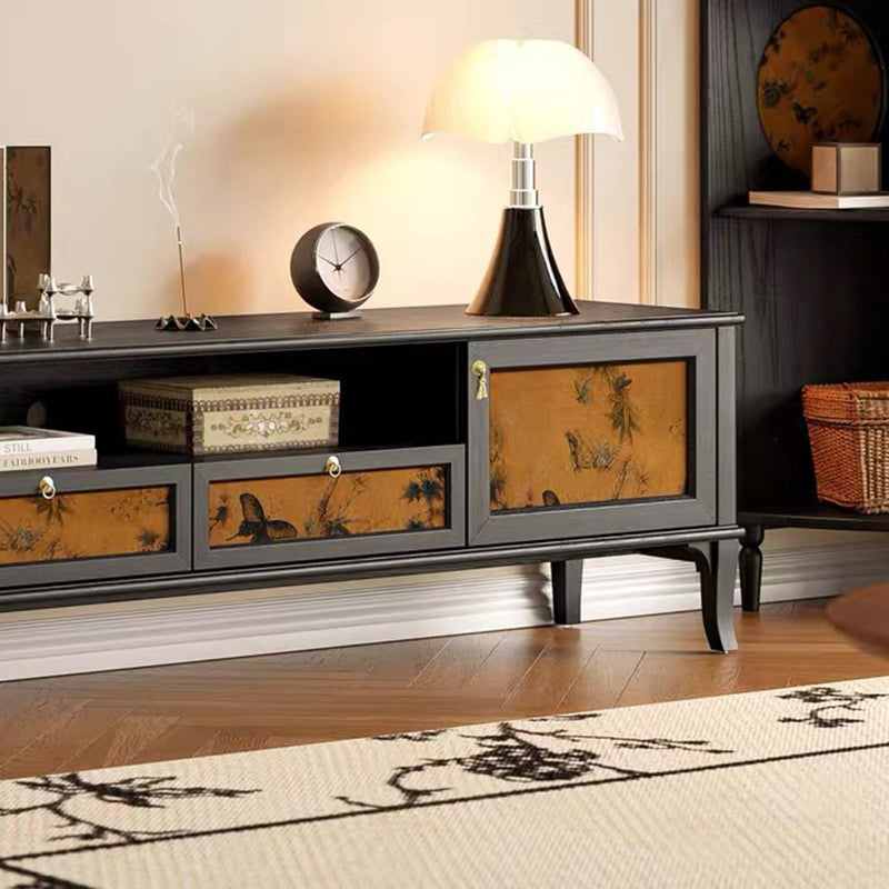 Traditional French-Style Solid Wood TV Stand in Muslin Finish, Rectangular with Two Cabinets and Drawers for Living Room