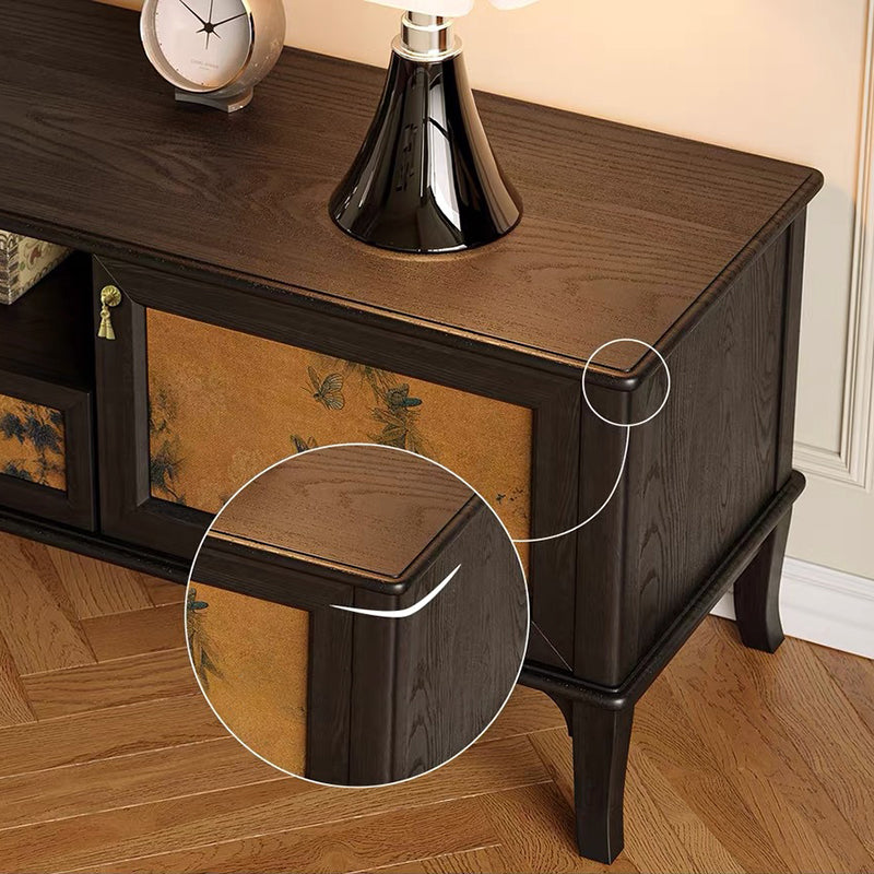 Traditional French-Style Solid Wood TV Stand in Muslin Finish, Rectangular with Two Cabinets and Drawers for Living Room